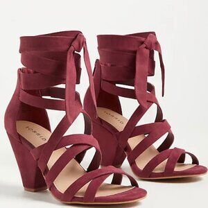 Torrid Womens New Burgundy Faux Suede Ankle Wrap Cone Heel Sandals Size 10.5WW